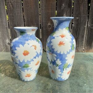 Andrea by Sadek Blue Ceramic Art Pottery Vases Set – White Daisies Hand Painted